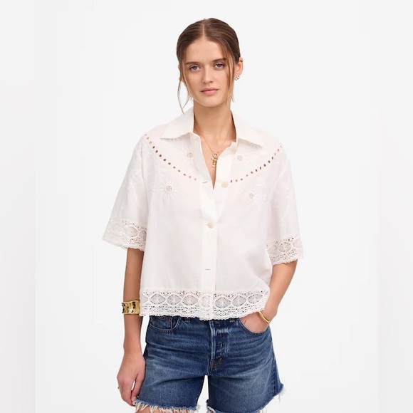 Madewell Tops - Madewell women’s Embroidered Lace Button-Up Shirt linen blend white Size L NWT